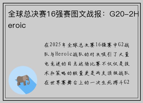 全球总决赛16强赛图文战报：G20-2Heroic