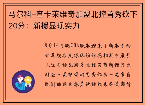 马尔科-查卡莱维奇加盟北控首秀砍下20分：新援显现实力